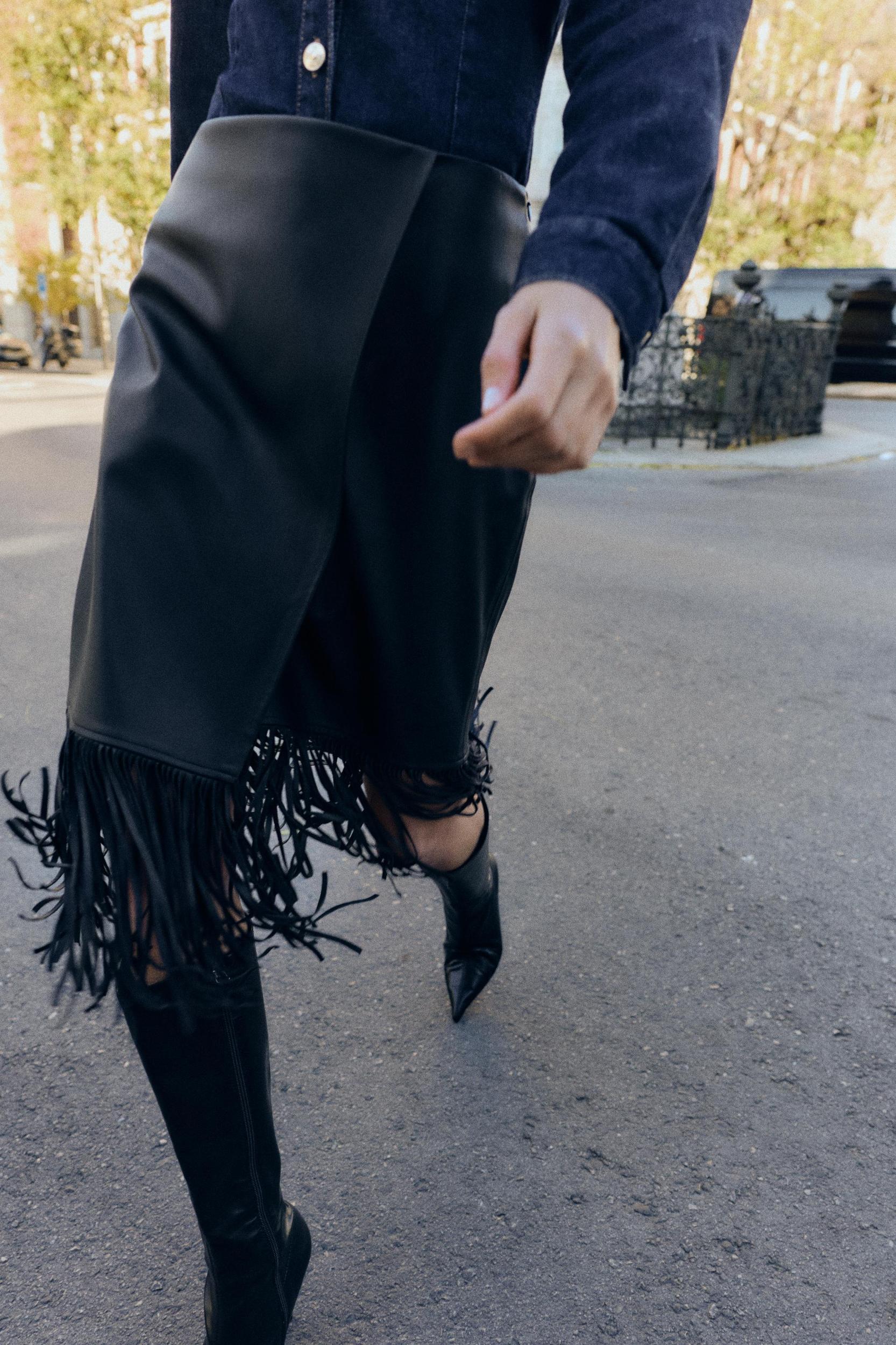 FAUX LEATHER FRINGED MIDI SKIRT Product Image