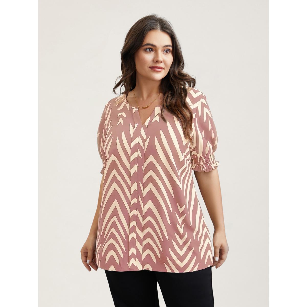 Plus Size DustyPink Geometric Print Ruffled Shirred Shirt Women Office Half Sleeve Flat collar with V-notch Office Blouses BloomChic 22-24/3X Product Image