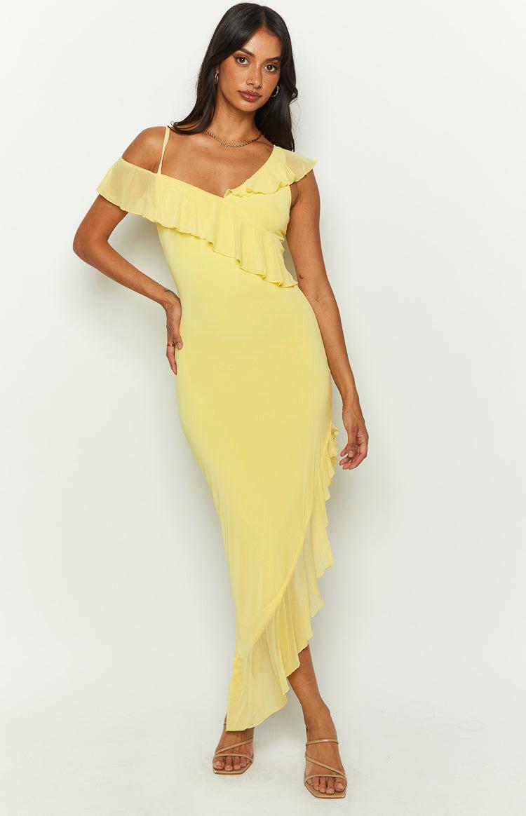 Everleene Yellow Ruffle Mesh Midi Dress Product Image