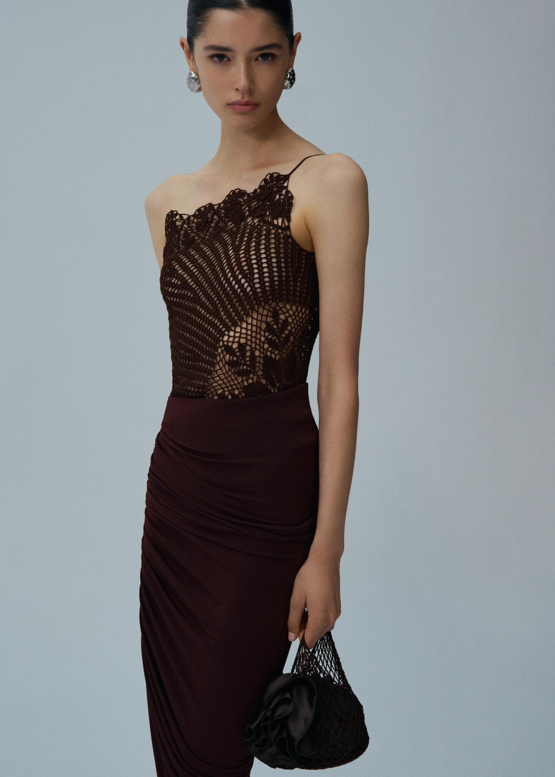 Lace crochet one shoulder top in brown Product Image