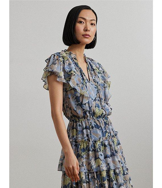 Lauren Ralph Lauren Crinkle Georgette Floral Ruffle Trim Tiered Dress Product Image