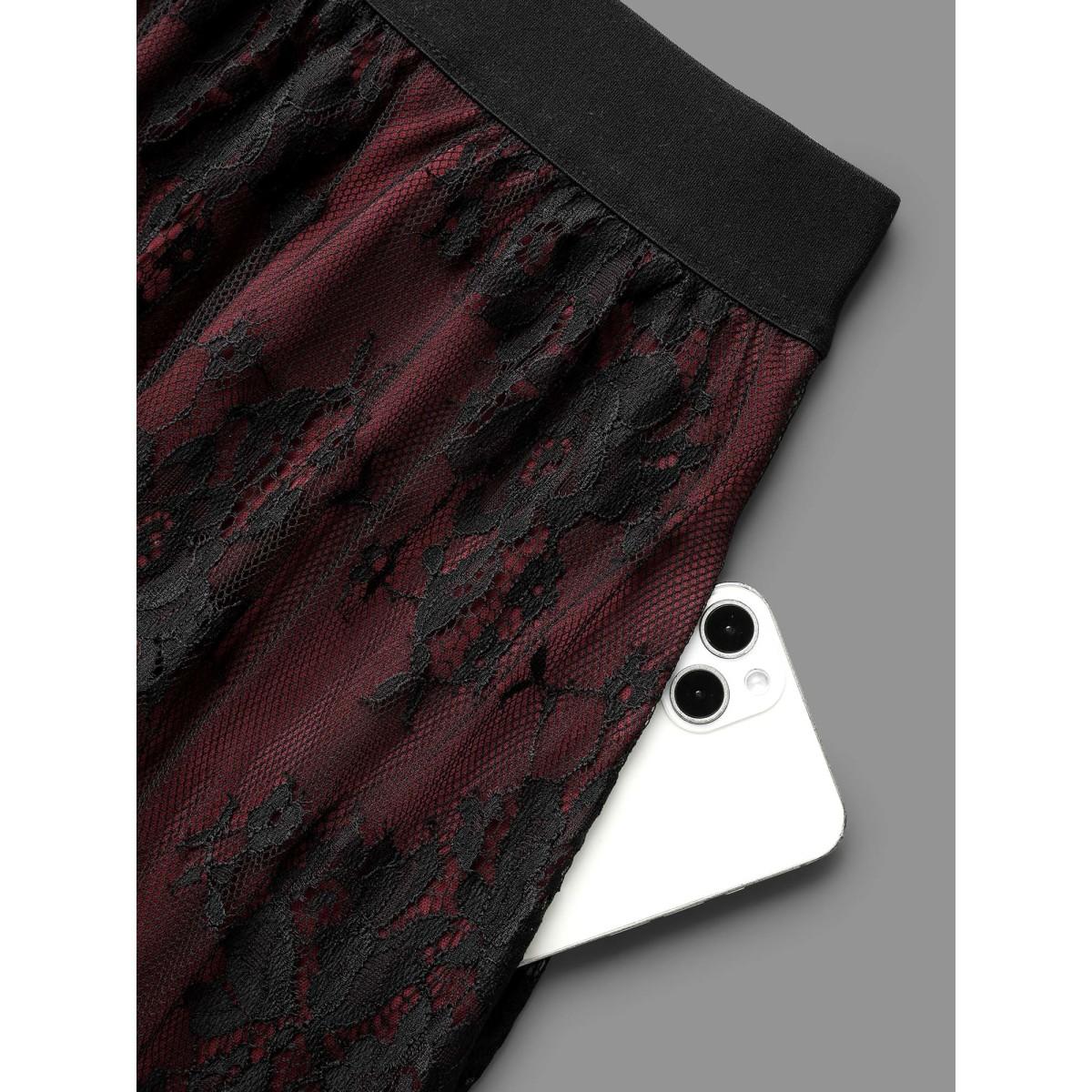 Plus Size Floral Crochet Lace Mesh Stretchy Skirt Women Deepred Elegant Tiered Low stretch Side seam pocket Everyday Skirts BloomChic 18-20/2X Product Image