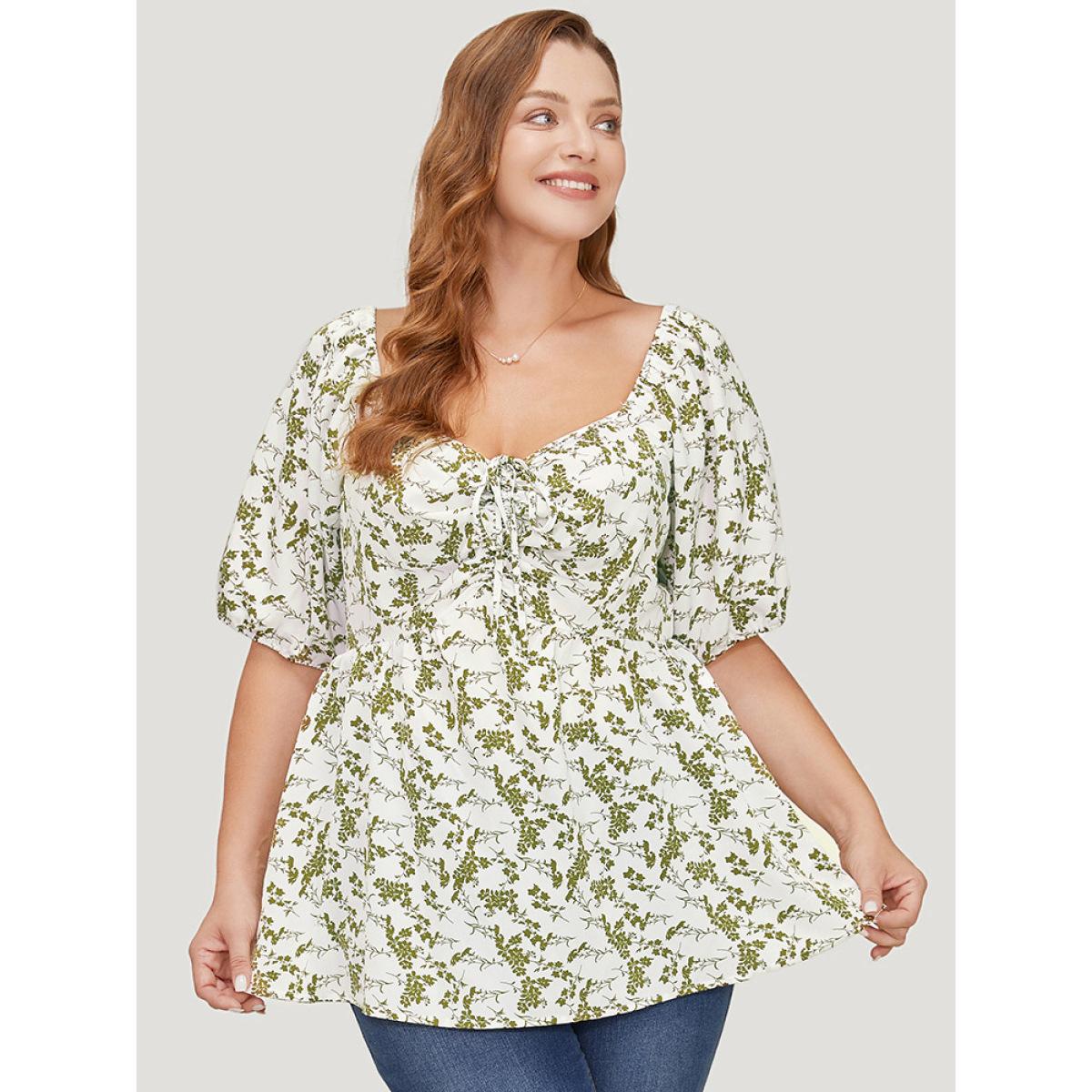 Plus Size Ivory Ditsy Floral Puff Sleeve Ruched Drawstring Blouse Women Elegant Half Sleeve Round Neck Dailywear Blouses BloomChic 12/L Product Image