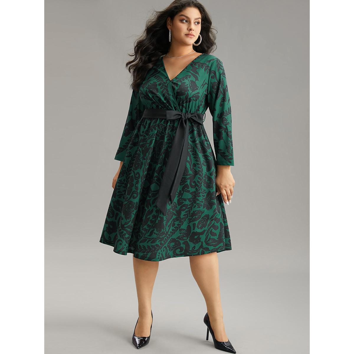 Plus Size Silhouette Floral Print Belted Wrap Dress Cyan Women Elegant Wrap Overlap Collar Long Sleeve Curvy Midi Dress BloomChic 14-16/1X Product Image