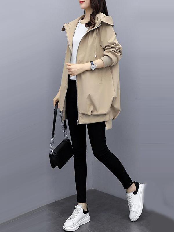 Casual Loose 4 Colors Pleated Zipper Hooded Long Sleeves Outwear Product Image