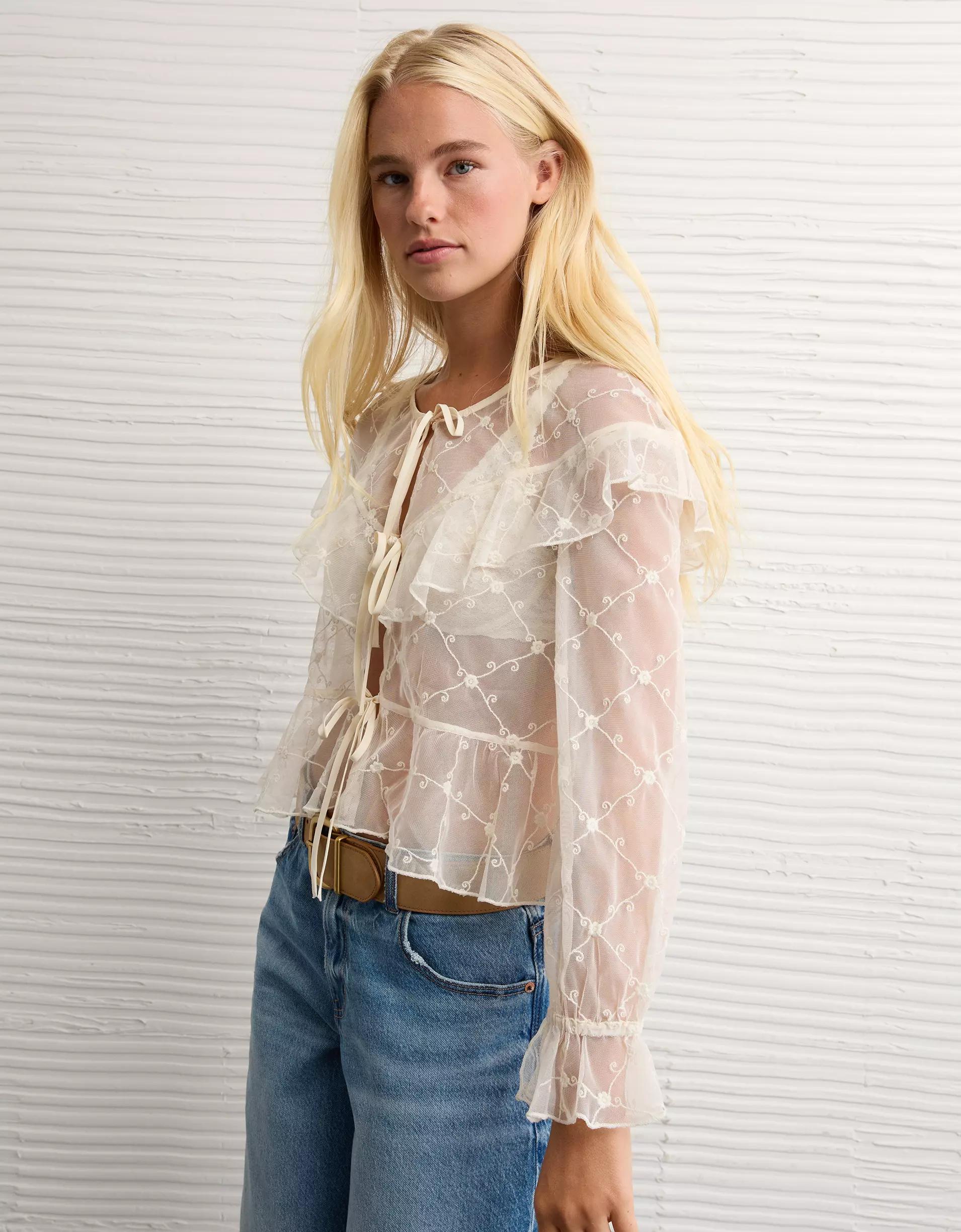 AE Embroidered Tie-Front Mesh Blouse Product Image