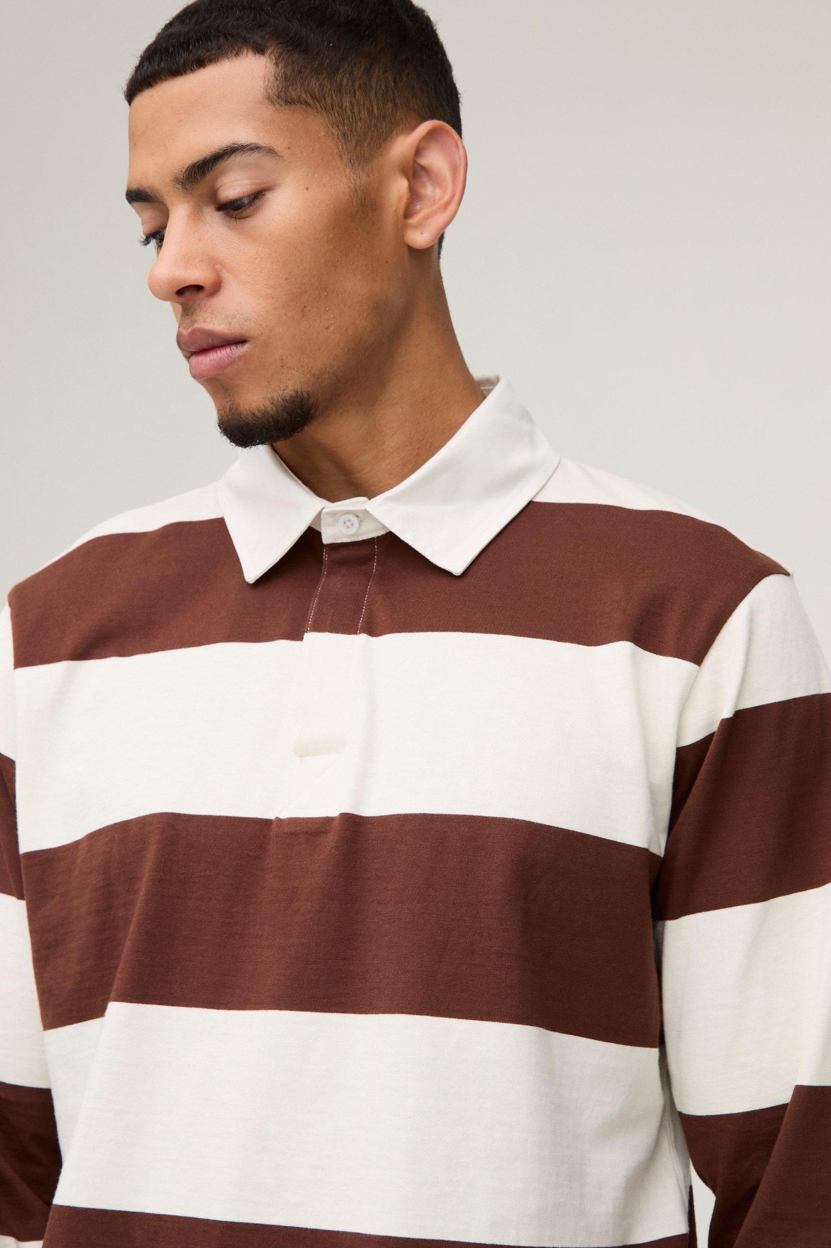 Regular Fit Stripe Long Sleeve Rugby Polo | boohooMAN USA Product Image