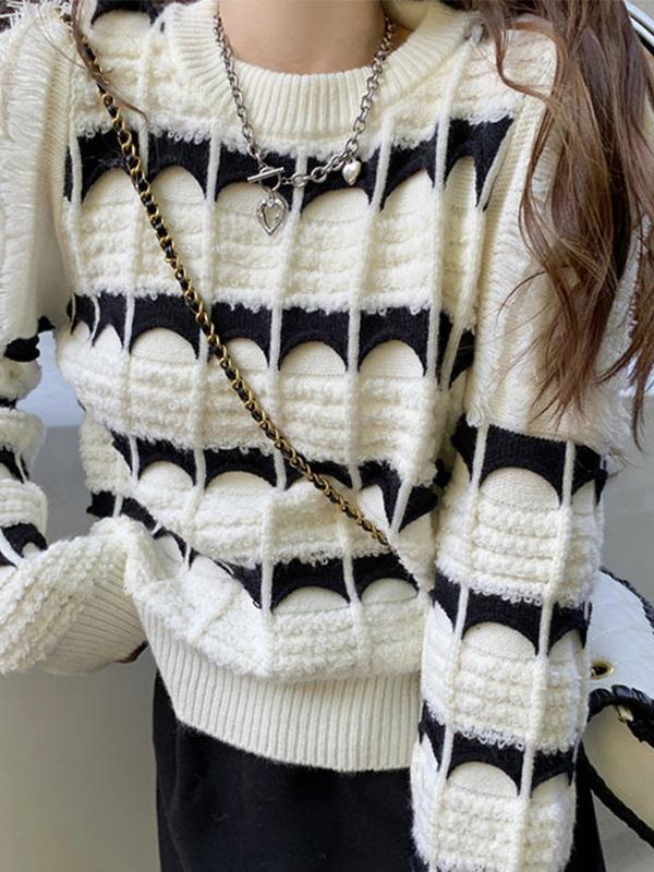 Contrast Color Jacquard Crew Neck Sweater Product Image