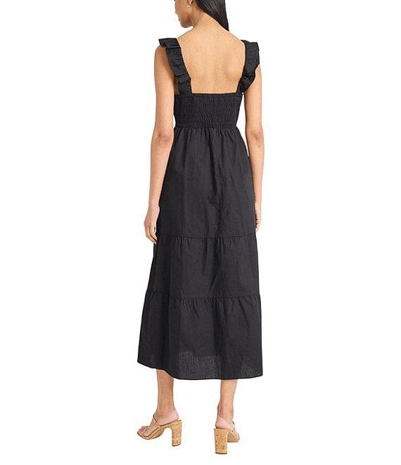 The Good Journey Ruffle V-Neck Smocked Back Tiered Cotton Poplin Midi Dress Product Image