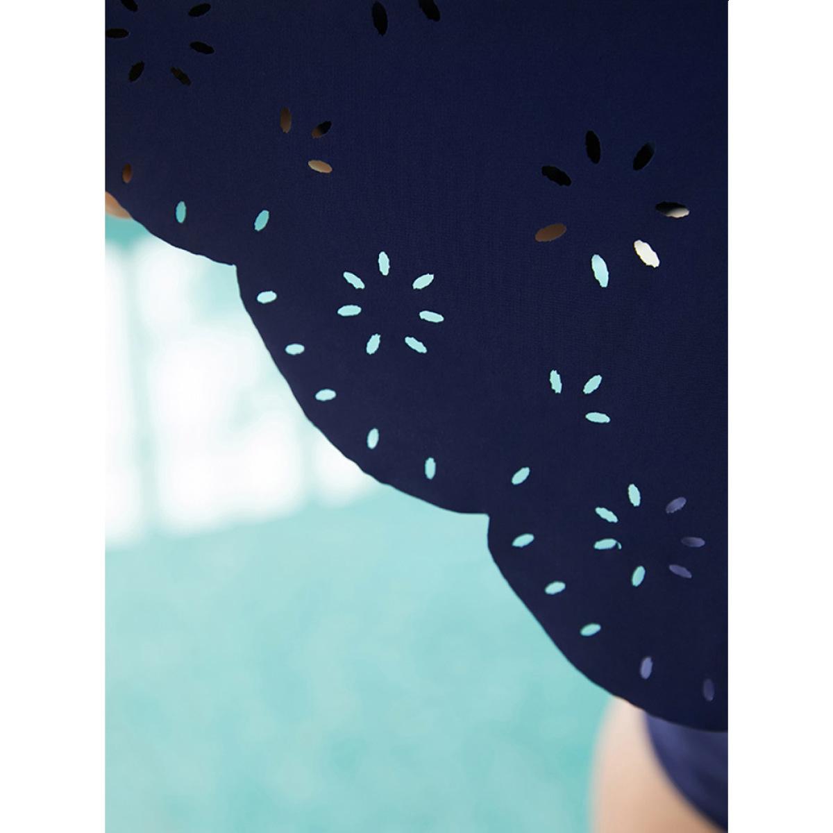 Plus Size Plain Laser Cut Ruffle Trim Asymmetrical Neck One Piece Swimsuit Women's Swimwear Indigo Vacation Adjustable Straps Curve Bathing Suits High stretch One Pieces BloomChic 18-20/2X Product Image