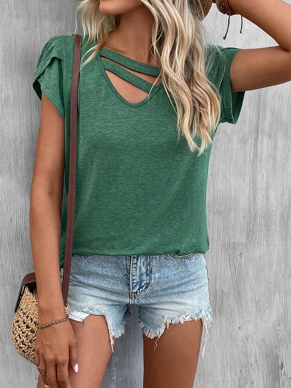 Loose Short Sleeves Solid Color V-Neck T-Shirts Tops Product Image
