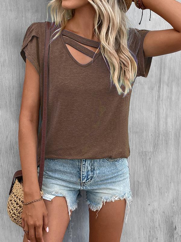 Loose Short Sleeves Solid Color V-Neck T-Shirts Tops Product Image