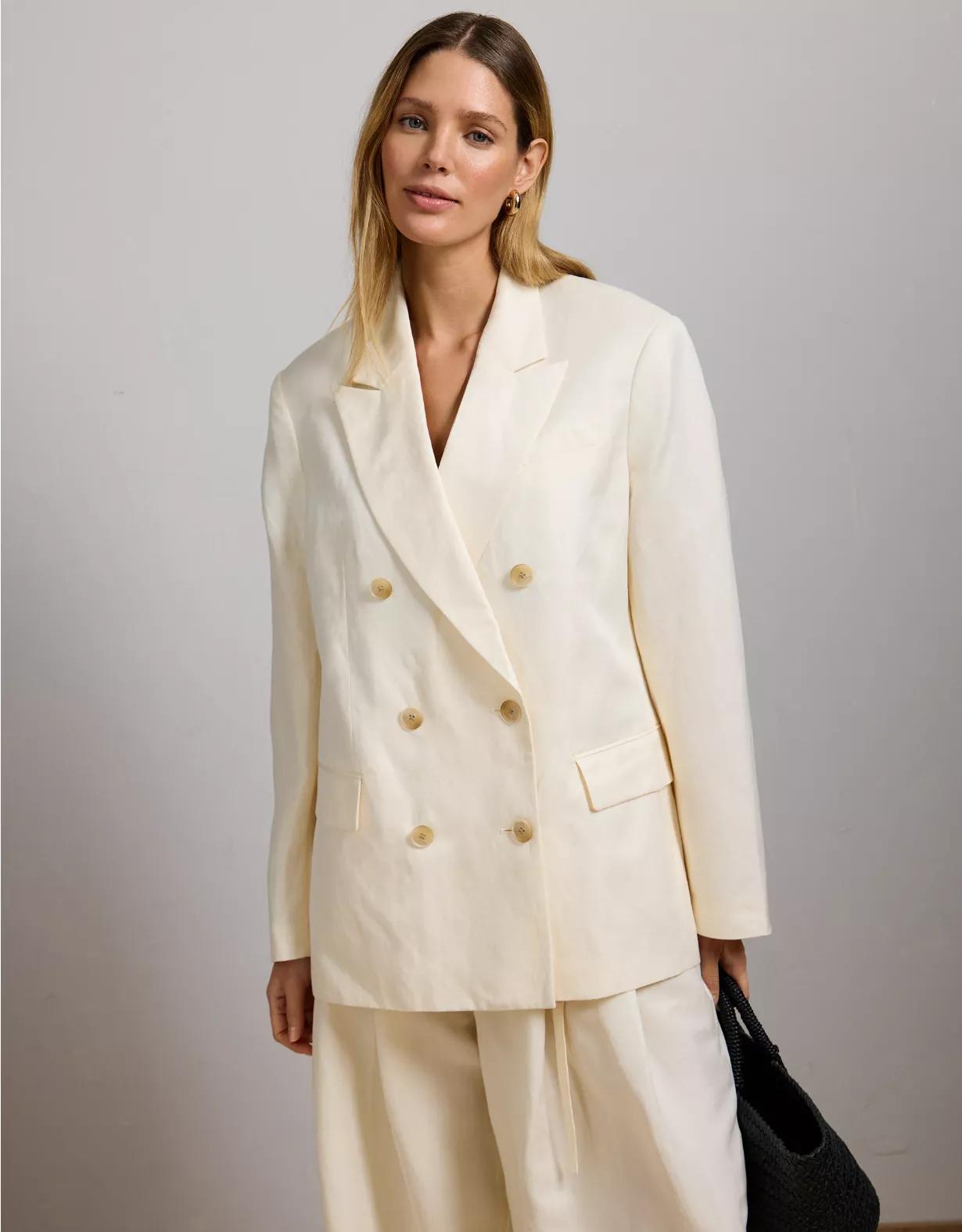 AE77 Premium Linen-Silk Blend Double-Breasted Blazer Product Image