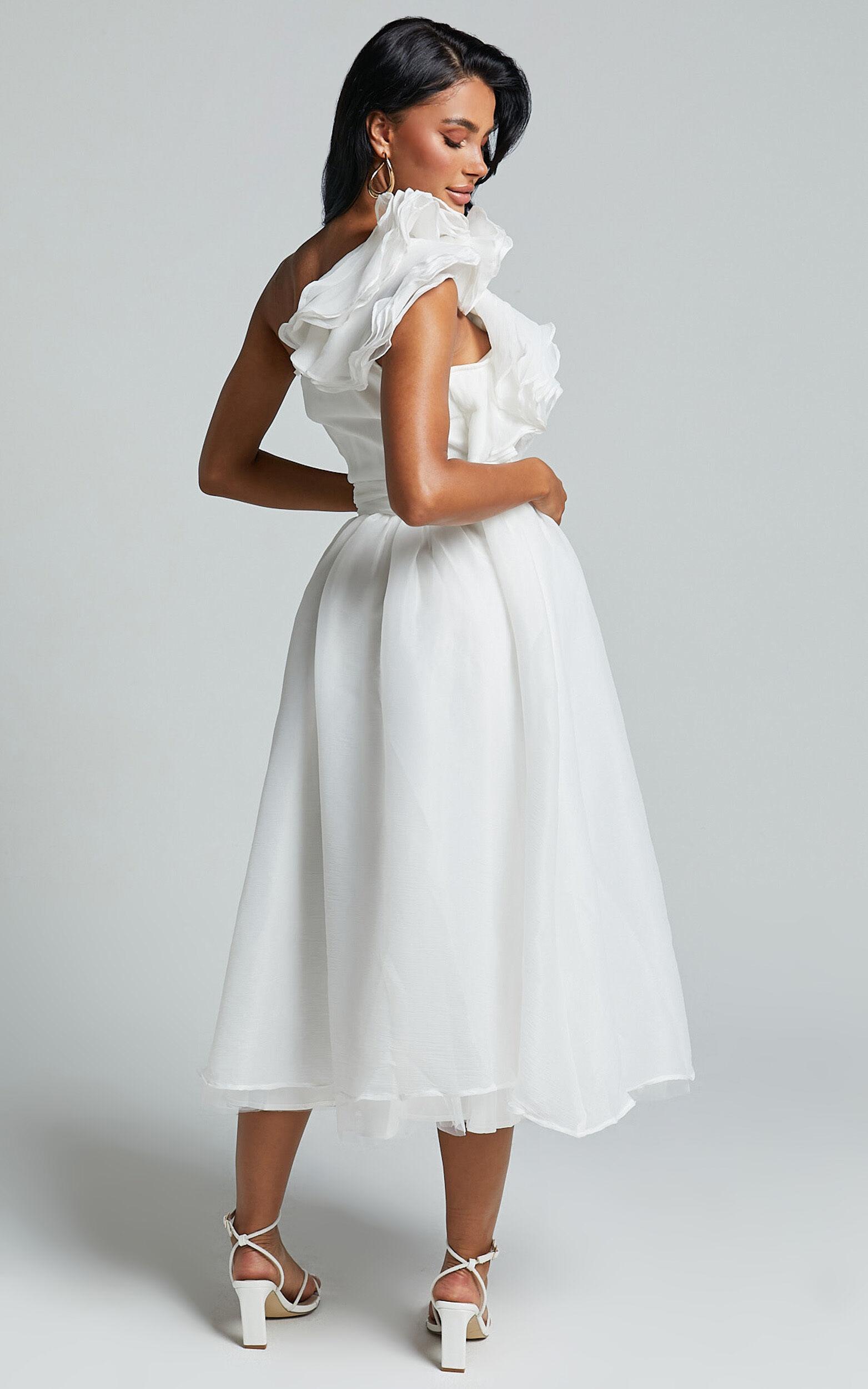 Tia Midi Dress - One Shoulder Frill Detail Fit & Flare Dress in White Product Image