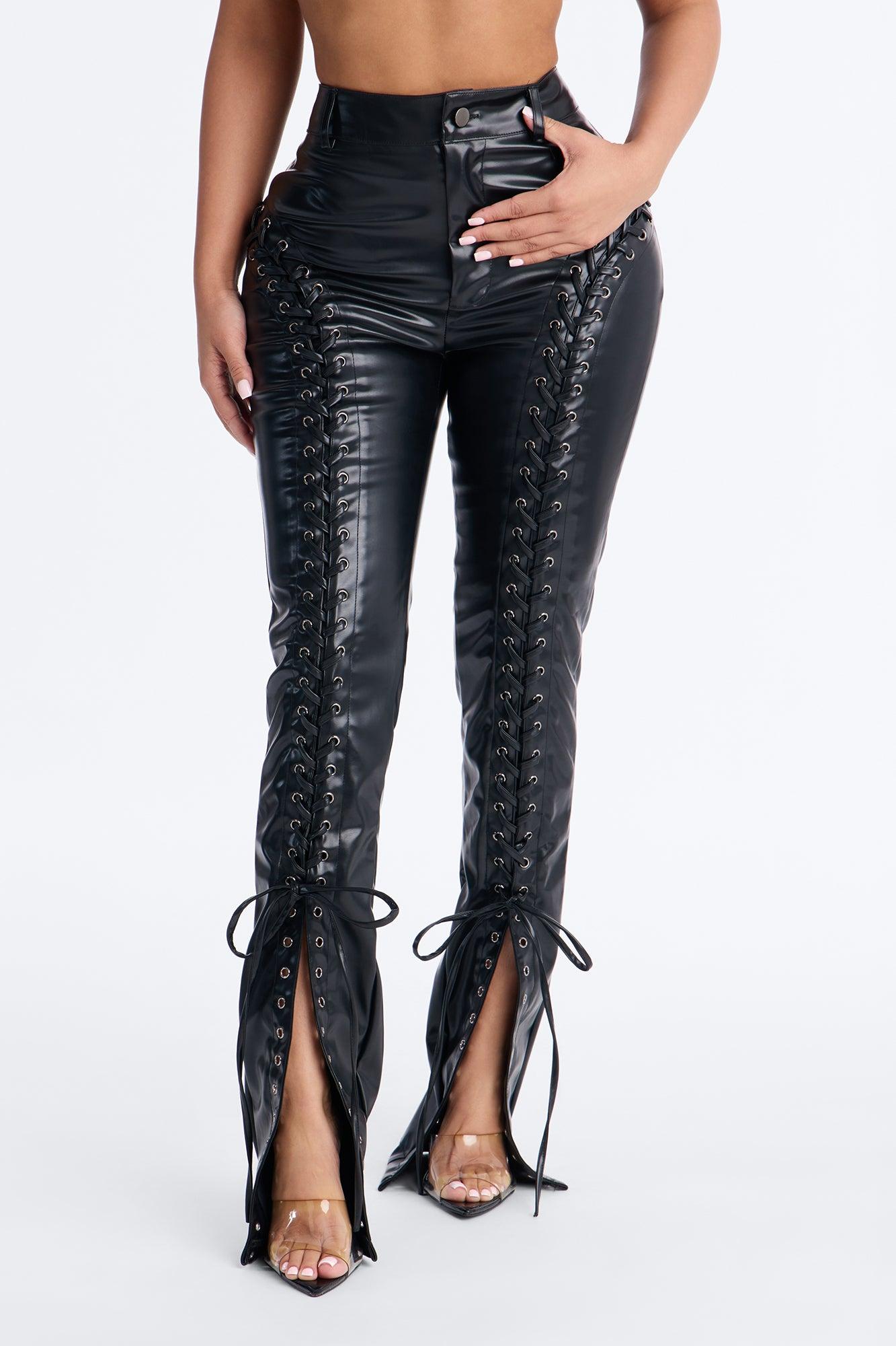 Lace Me Up Low Rise Faux Leather Flare Pant 33″ - Black Female Product Image