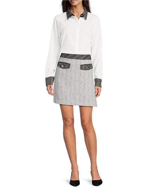 KARL LAGERFELD PARIS Tweed Mixed Media Contrast Point Collar Long Sleeve Button Front Shirt Product Image