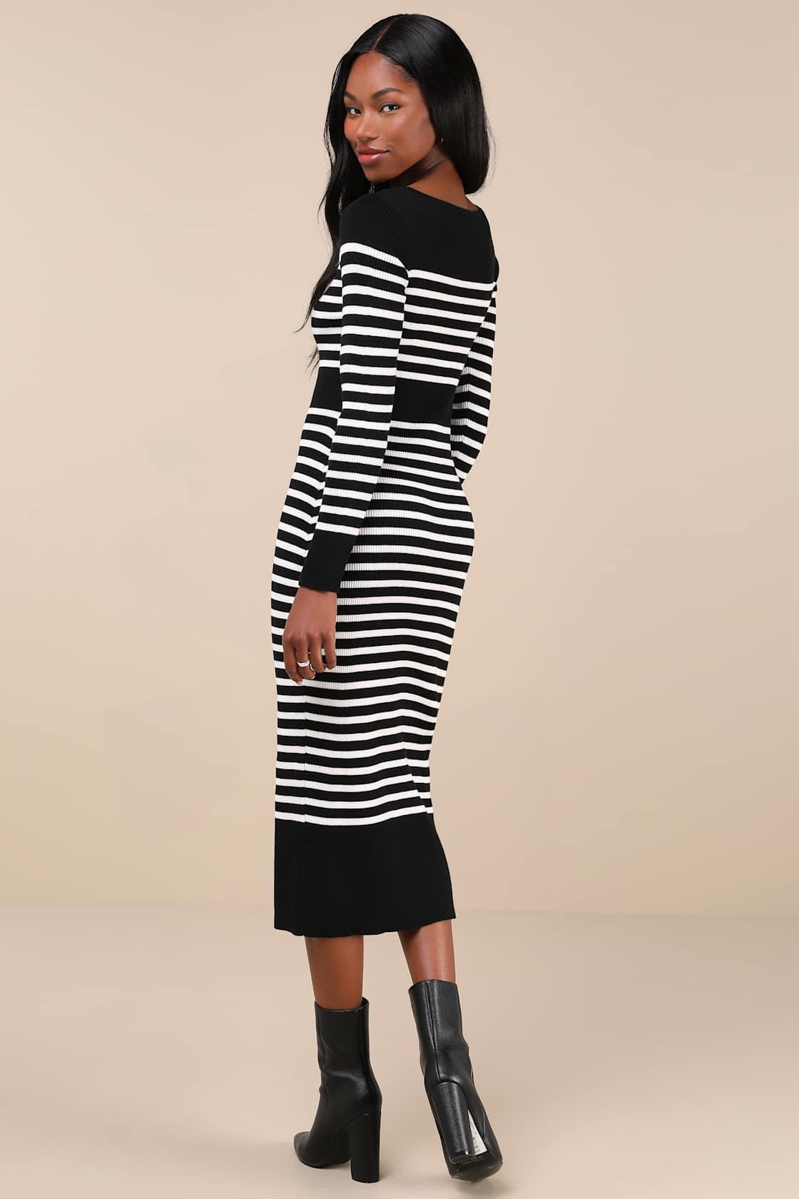 Effortlessly Ready Black Striped Ribbed Midi Sweater Dress Product Image