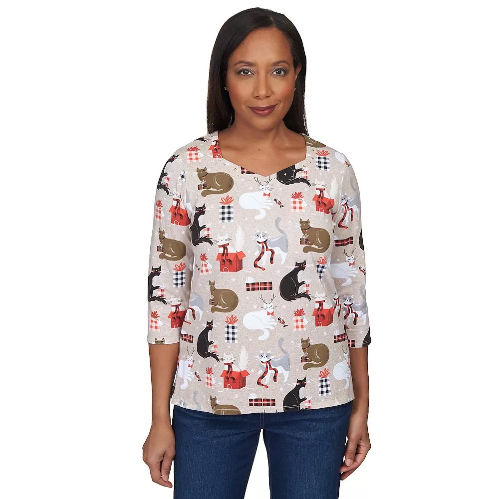 Women's Alfred Dunner Classic Cats with Presents Top, Size: Small, Dark Oatmeal Product Image