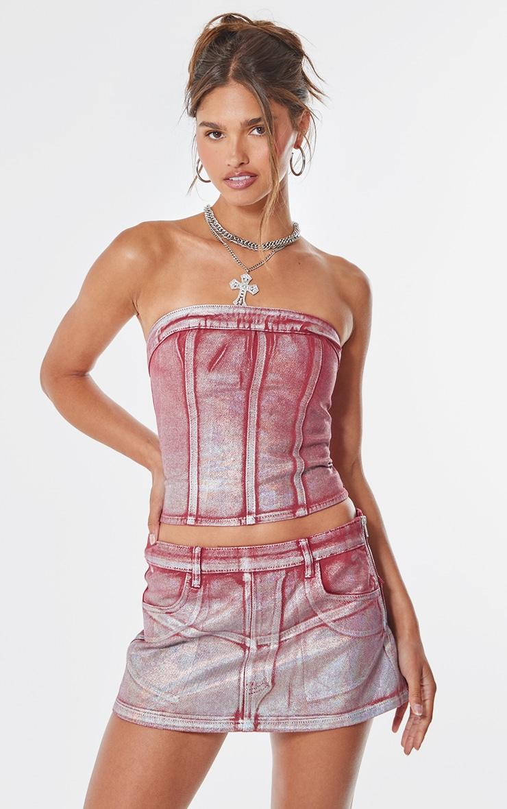 Cherry Red Silver Metallic Foil Effect Denim Micro Mini Skirt Product Image
