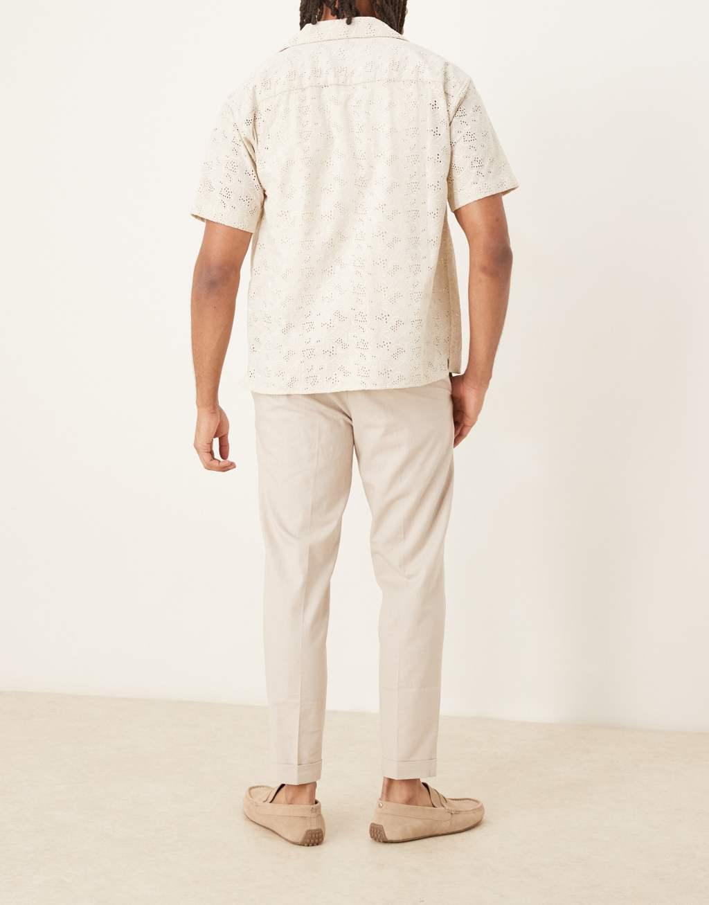ASOS DESIGN smart tapered fit linen blend pants in stone with turnups Product Image