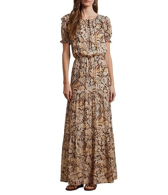 Lauren Ralph Lauren Georgette Floral V-Neck Short Puff Sleeve A-Line Maxi Dress Product Image