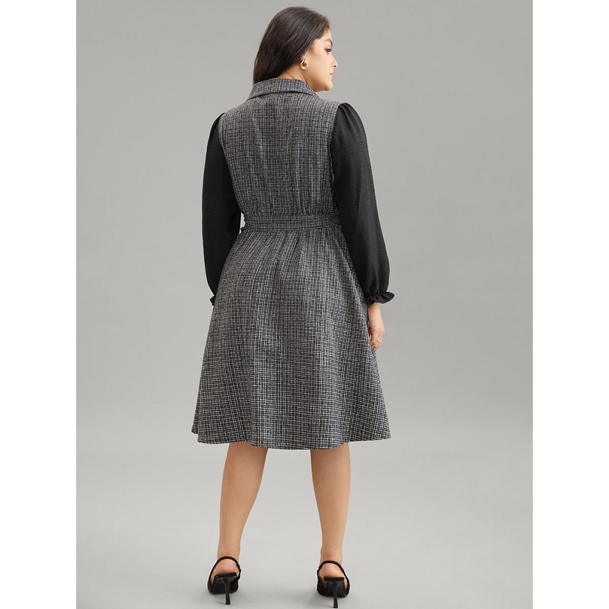 Plus Size Tweed Suit Collar Belted Button Detail Dress Black Women Office Texture Suit Collar Long Sleeve Curvy Midi Dress BloomChic 14-16/1X Product Image
