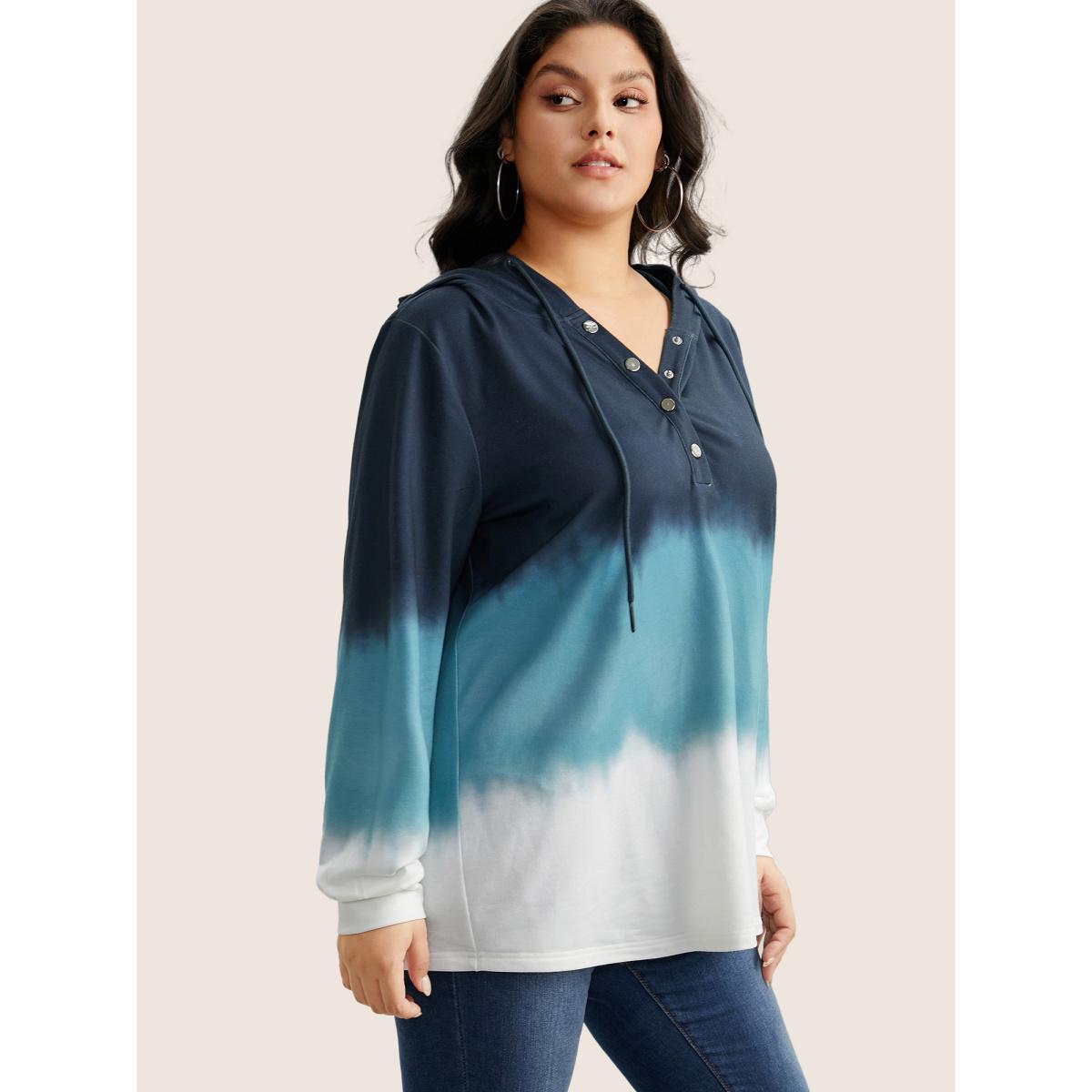 Plus Size Tie Dye Button Up Hooded Drawstring Sweatshirt Women Indigo Casual Button Hooded Everyday Sweatshirts BloomChic 18-20/2X Product Image