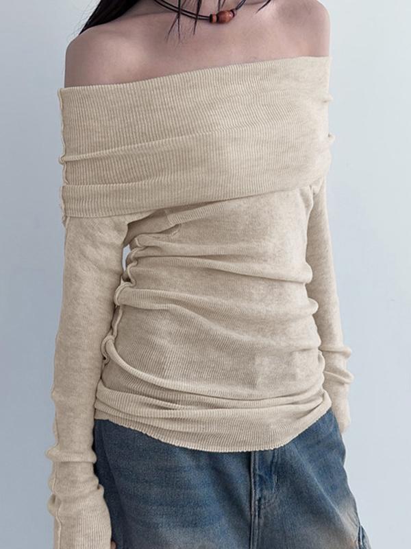 Solid Off Shoulder Slim Long Sleeve Knit Product Image