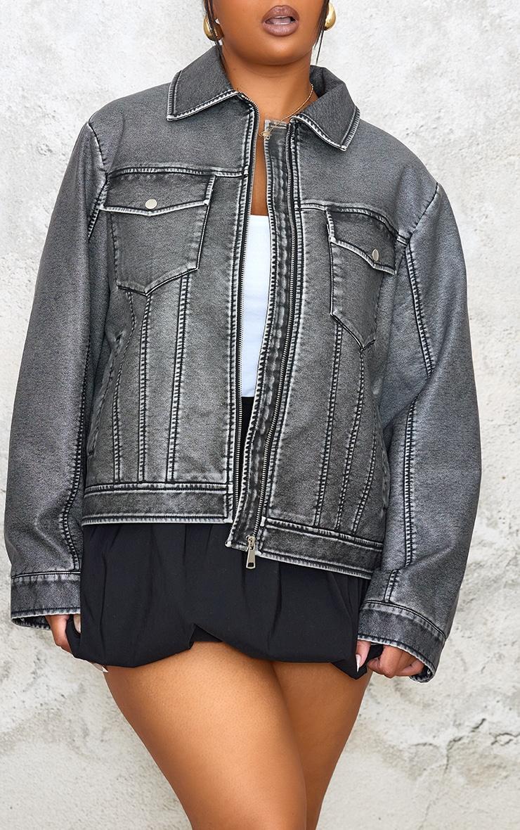 Plus Extreme Black Faux Leather Wash Pocket Detail Jacket Product Image