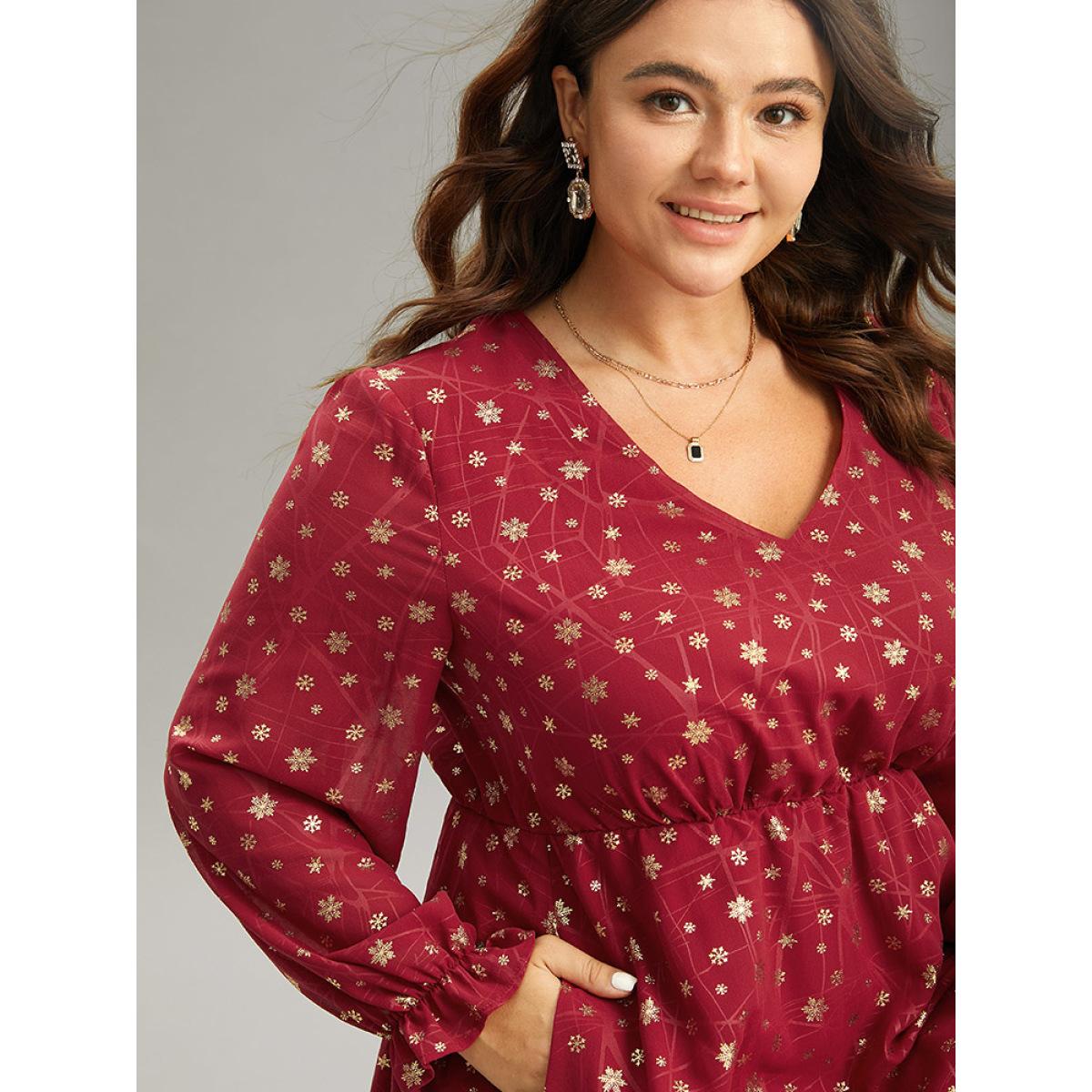 Plus Size Snowflake Glitter Mesh Gathered Ruffles Dress Scarlet Women Party See through V-neck Long Sleeve Curvy Midi Dress BloomChic 14-16/1X Product Image