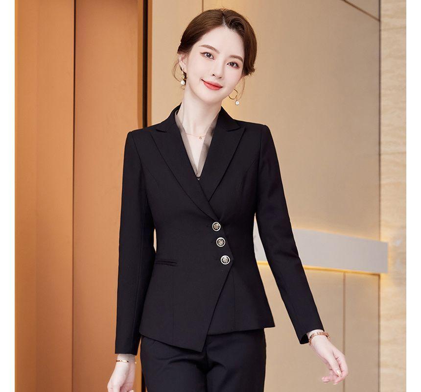 Peak Lapel Plain Asymmetrical Button Blazer / High Rise Straight Leg Slacks / High Rise Mini Pencil Skirt / Long-Sleeve V-Neck Plain Blouse Product Image