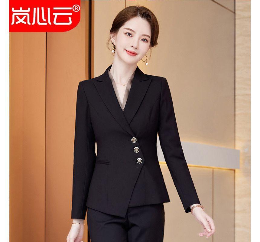 Peak Lapel Plain Asymmetrical Button Blazer / High Rise Straight Leg Slacks / High Rise Mini Pencil Skirt / Long-Sleeve V-Neck Plain Blouse Product Image