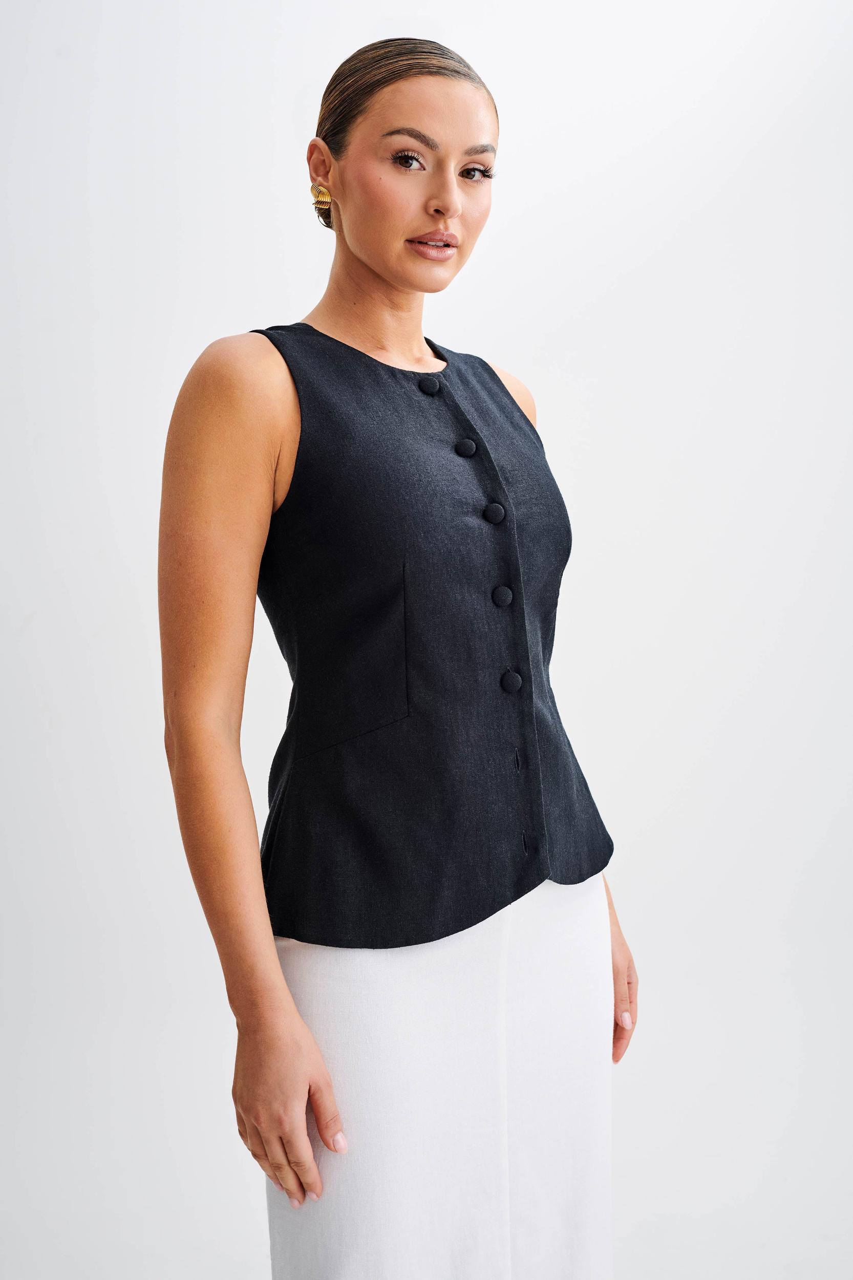 Laurence Sleeveless Linen Longline Top - Black Product Image