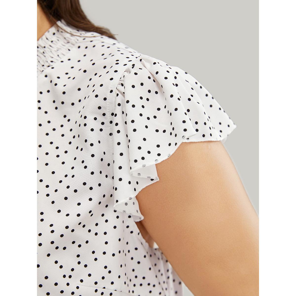 Plus Size White Polka Dot Shirred Mock Neck Cap Sleeve Blouse Women Elegant Cap Sleeve Mock Neck Everyday Blouses BloomChic 22-24/3X Product Image