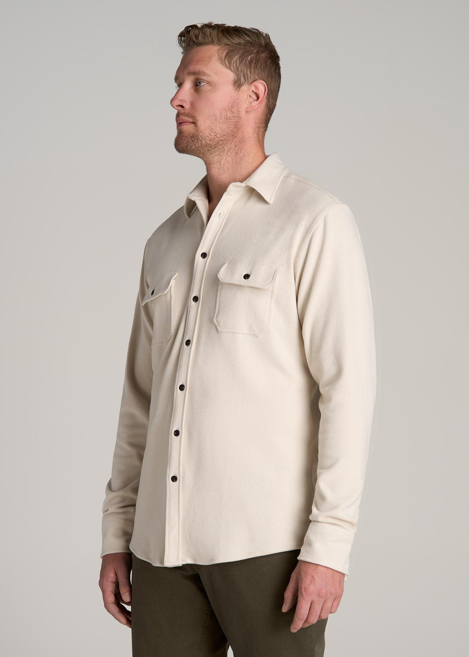 Stretch Flannel Button Shirt for Tall Men in Soft Beige Male Product Image