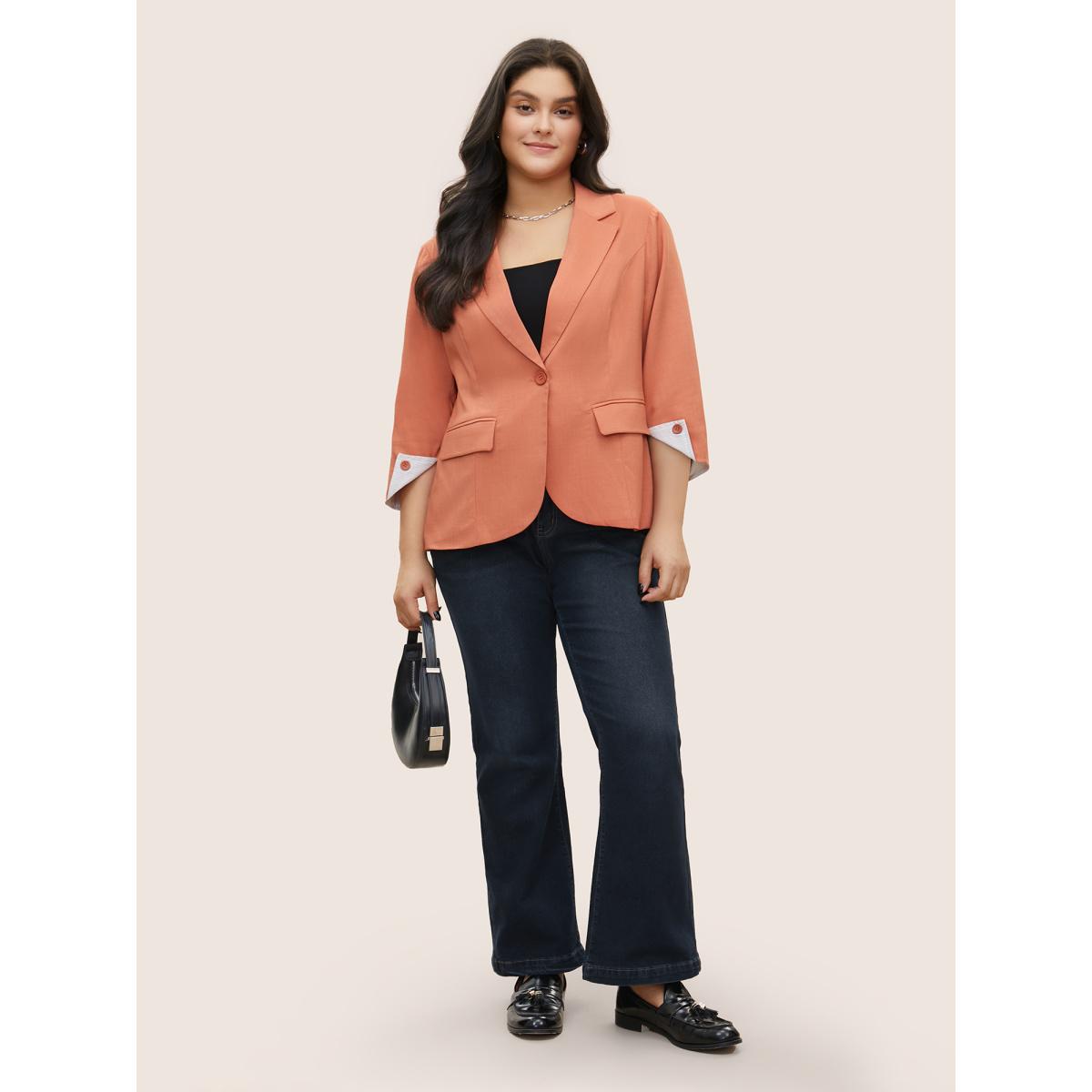 Plus Size Suit Collar Plain Striped Lined Blazer OrangeRed Women Work Plain Non Sleeve Elbow-length sleeve Suit Collar 14-16/1X Open pocket with flap At the Office Blazers BloomChic Product Image