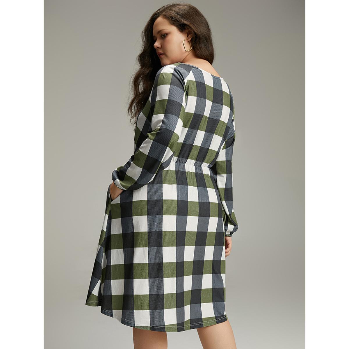 Plus Size Plaid Lantern Sleeve Ruffle Hem Dress DimGray Women Casual Elastic cuffs Scoop Neck Long Sleeve Curvy Midi Dress BloomChic 12/L Product Image
