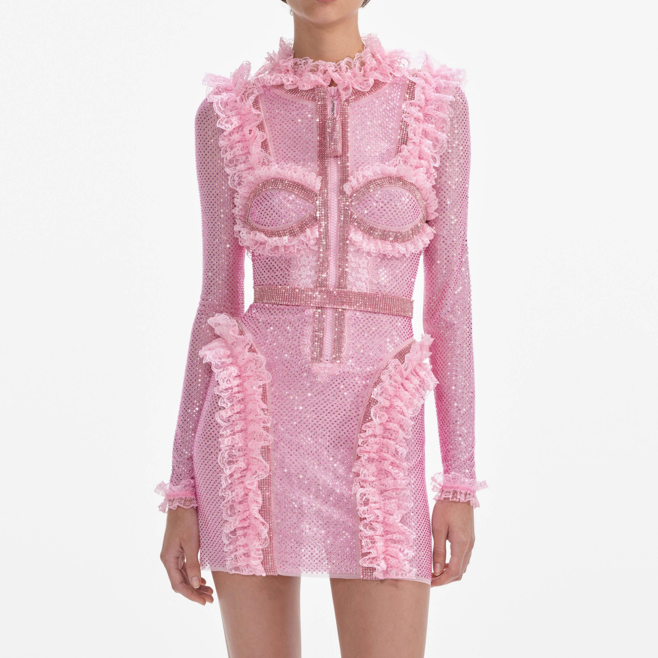 Pink Rhinestone Mesh Ruffle Mini Dress Product Image