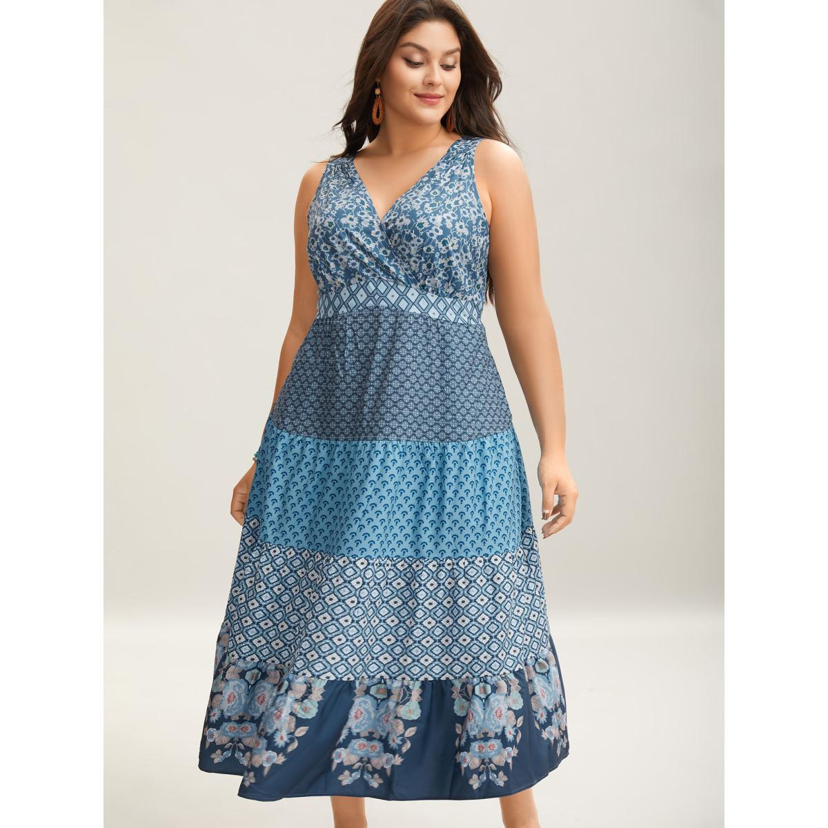 Plus Size Bandana Patchwork Floral Sleeveless Dress Aegean Women Boho Pleated V-neck Sleeveless Curvy BloomChic 28/5X Product Image