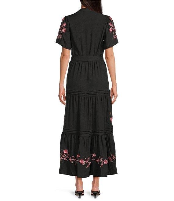 Calessa V-Neck Short Balloon Sleeve Comfort Tiered Floral Embroidered Maxi Dress Product Image