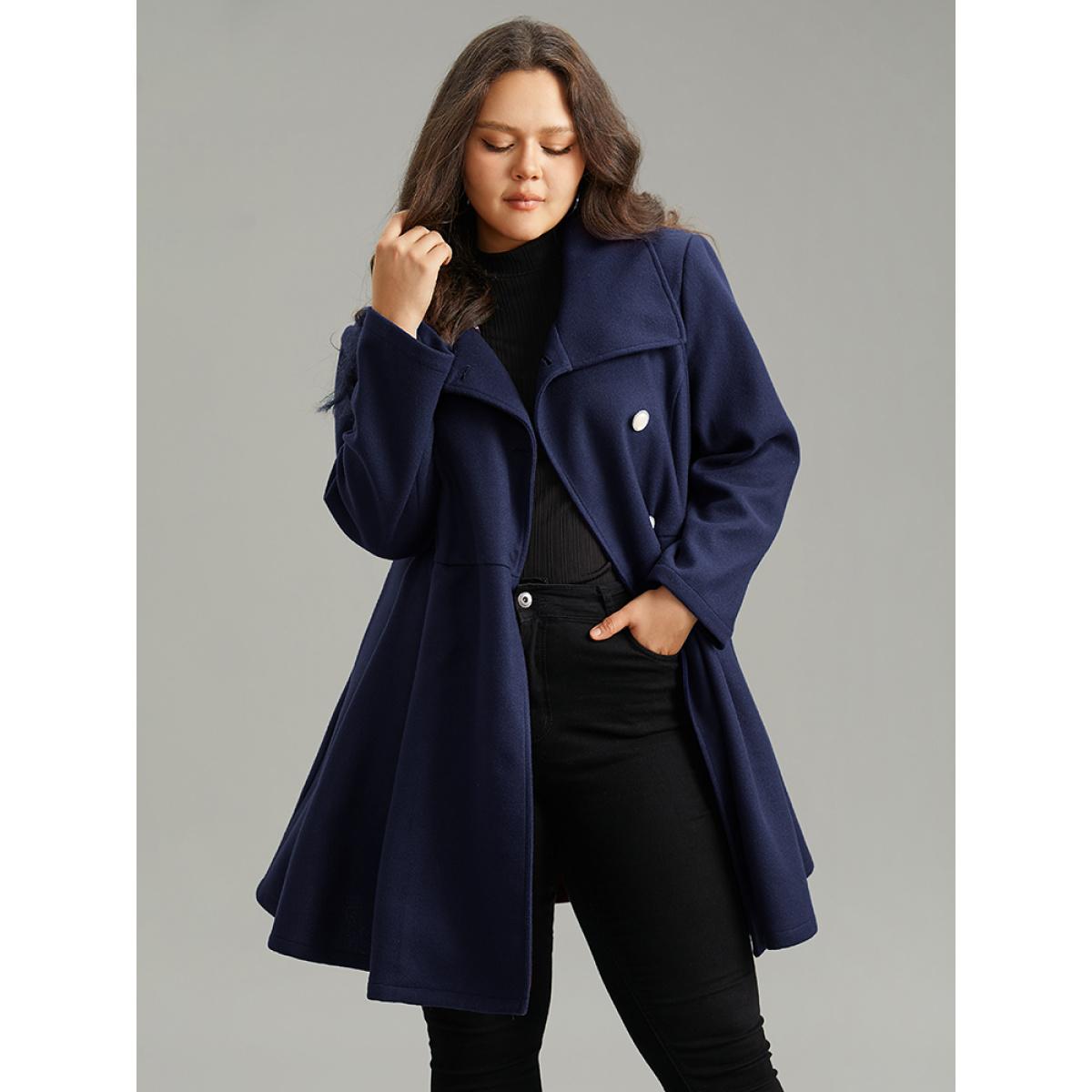 Plus Size Plain Button Up Pocket Asymmetrical Lapel Collar Coat Women Indigo Timeless Plain Ladies Elegant Winter Coats BloomChic 28/5X Product Image