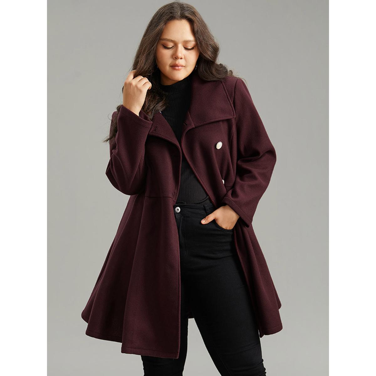 Plus Size Plain Button Up Pocket Asymmetrical Lapel Collar Coat Women Burgundy Elegant Plain Ladies Everyday Winter Coats BloomChic 22-24/3X Product Image