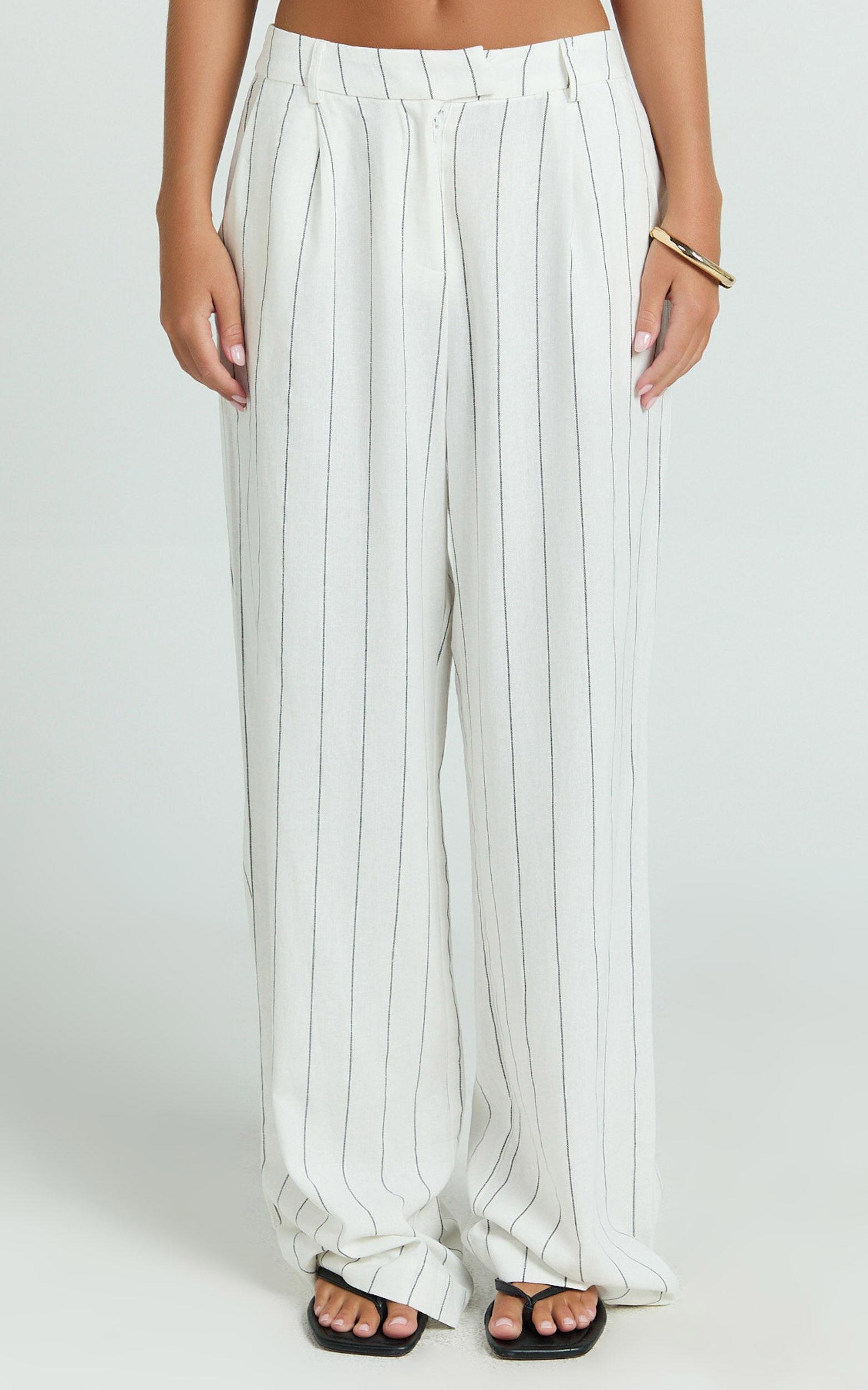 Trixie Pants - High Waist Linen Look Stripe Tailored Pants in Off White Product Image
