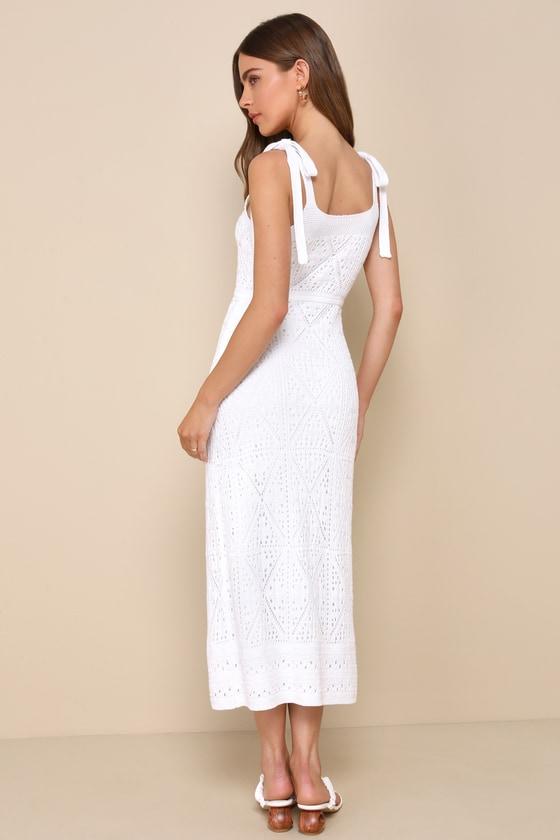 Adorable Darling White Crochet Tie-Strap Midi Dress Product Image