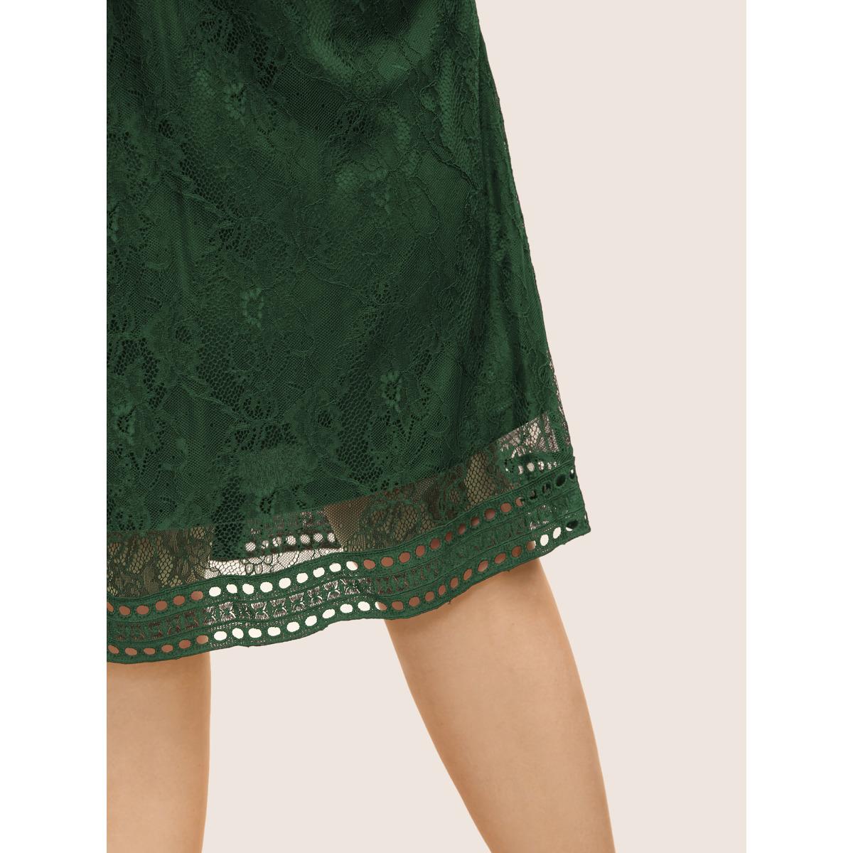 Plus Size Crochet Lace Mesh Pocket Tank Dress DarkGreen Women Cocktail Woven ribbon&lace trim V-neck Sleeveless Curvy BloomChic 14-16/1X Product Image