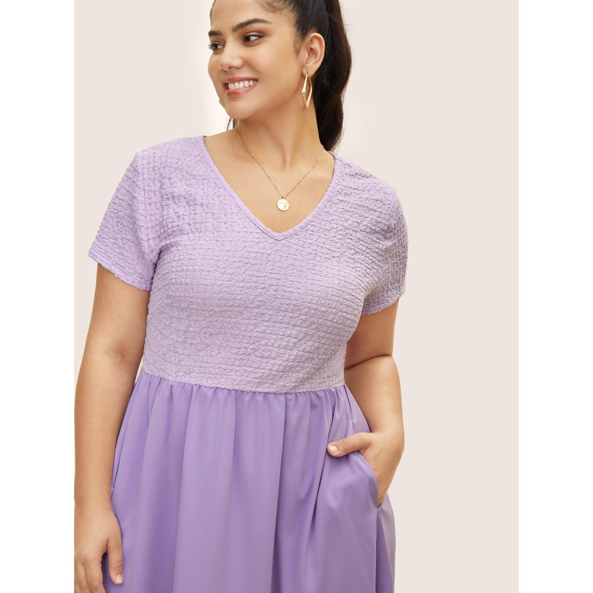 Plus Size V Neck Solid Textured Patchwork Midi Dress Lilac Women Casual Texture V-neck Short sleeve Curvy BloomChic 22-24/3X Product Image