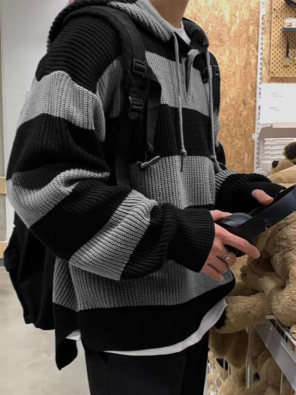 Men's Buttoned Striped Hooded Sweater Product Image