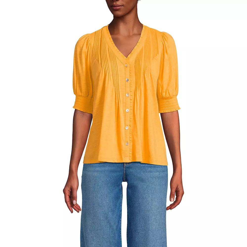 Women's Lands' End Button Pintuck Puff Sleeve Top,  Product Image