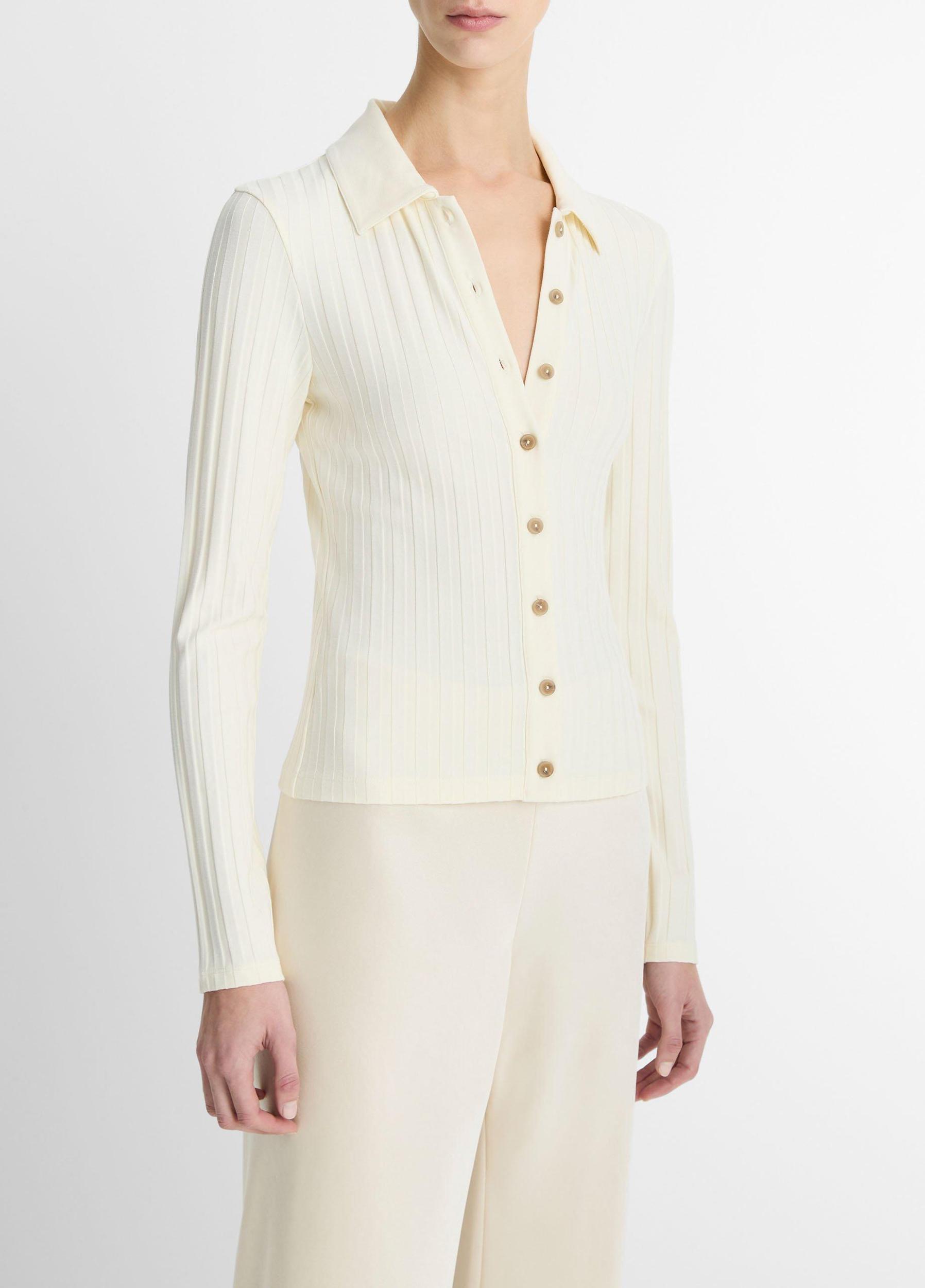 Ribbed Collared Long-Sleeve Button-Front Top Product Image