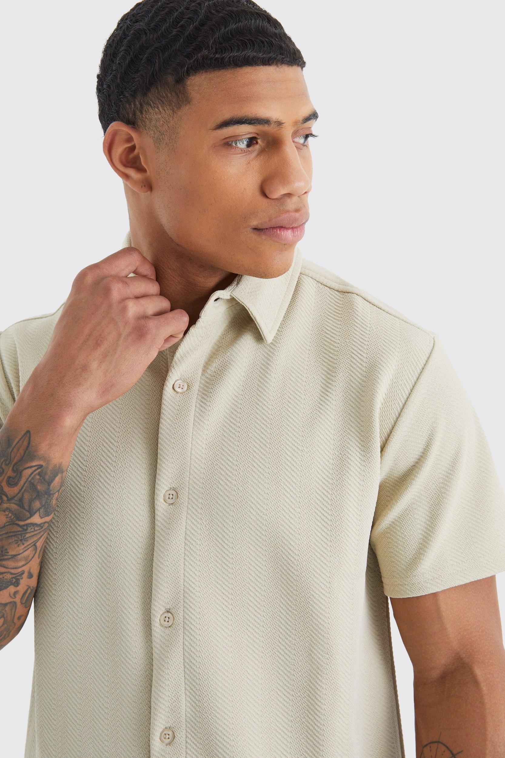 Short Sleeve Jersey Herringbone Shirt And Pants Set | boohooMAN USA Product Image